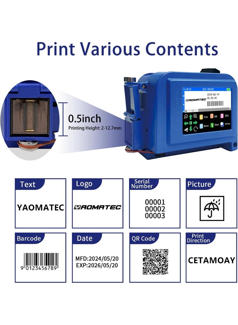 YAOMATEC Portable Mini Handheld Inkjet Printer for Flat and Curved Surface, 0.5in/12.7MM Pocket Printer with 28 Languages & Quick-Drying Ink Cartridge, Marking Device for Date Time Barcode Logo QR Batch Number - Image 4